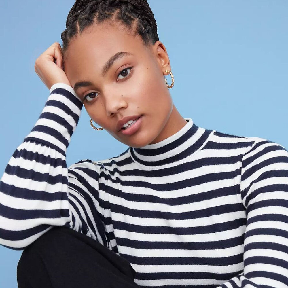 Ann Taylor LOFT Striped Mock Neck Top Navy White Sz L